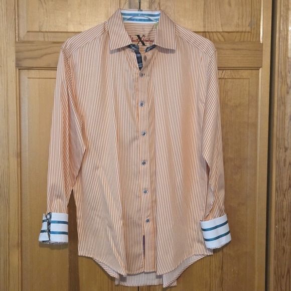 Robert Graham X Mens Orange Stripe Long Sleeve Flip Cuff Dress Shirt - Sz M - Picture 2 of 11